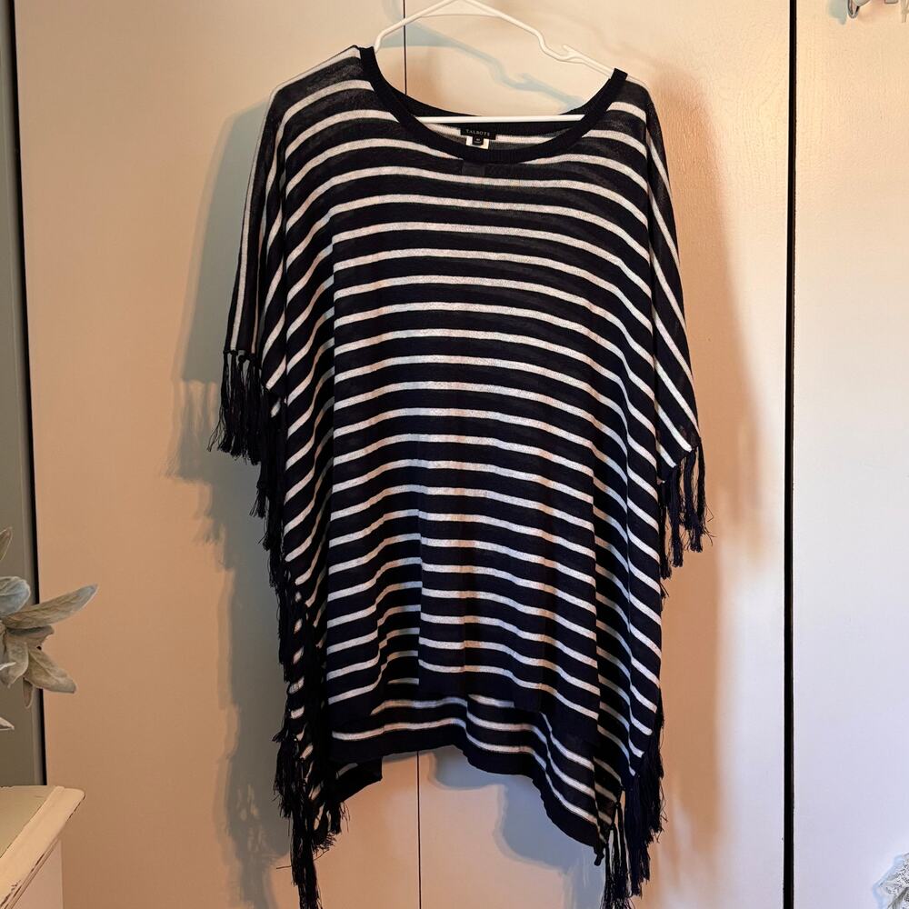 Talbots striped navy linen poncho with tassels